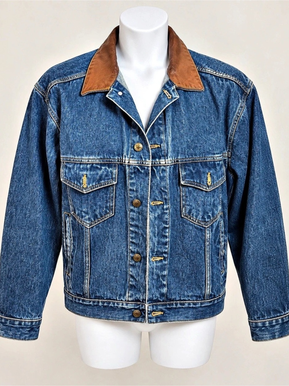 Marlboro Country Store Denim Jacket Leather Collar Flannel Lined Size M